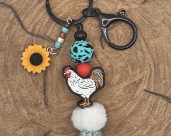 Llavero con clip para bolso de gallina y gallo de granja
