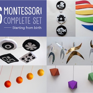 Complete Montessori mobiles set of SIX: 1x Gobbi, 1x Dancers mobile, 1x Munari mobile (small), 1x Black & white, 1x Rainbow, 1x Octahedron