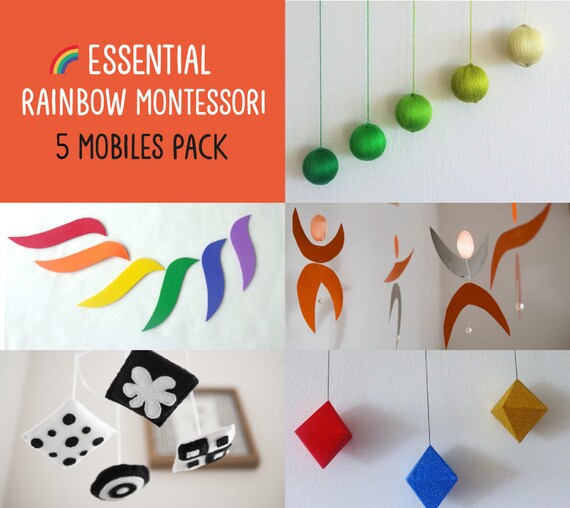 Montessori mobile Rainbow Dancers Black and white mobile Green Gobbi Hanging mobile Baby mobile Octahedron Set of 5 Montessori inspired mobiles Crib toy.