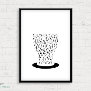 Coffee cup nouns / Kitchen print / Caffeine / Cappuccino / Latte / Americano / Flat white / typography print