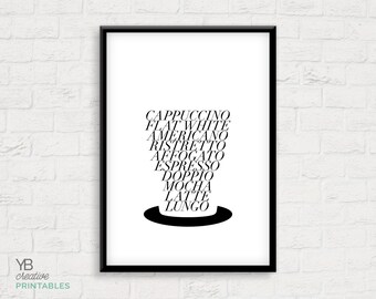 Coffee cup nouns / Kitchen print / Caffeine / Cappuccino / Latte / Americano / Flat white / typography print