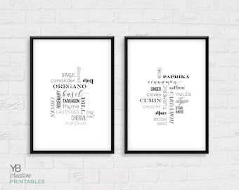 Herbs & Spices Kitchen Print > printable instant download / kitchen decor (set of 2) / basil, parsley, rosemary, cinnamon, thyme