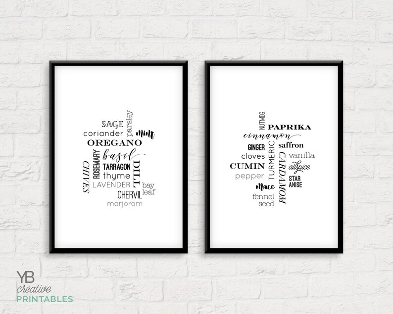 Herbs & Spices Kitchen Print printable instant download / kitchen decor set of 2 / basil, parsley, rosemary, cinnamon, thyme image 1