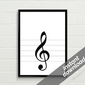 May include: Black and white printable wall art featuring a treble clef on a musical staff. The treble clef is a musical symbol used to indicate the pitch of notes.