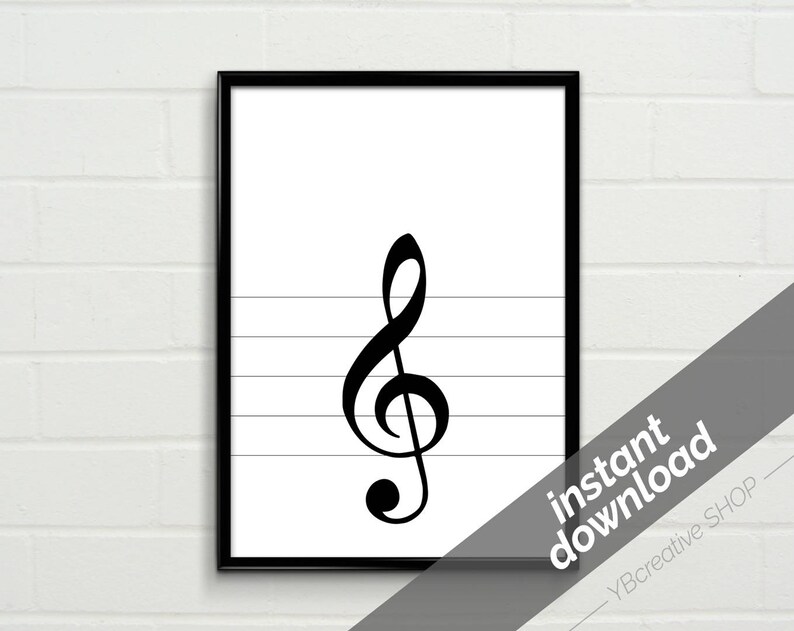 May include: Black and white printable wall art featuring a treble clef on a musical staff. The treble clef is a musical symbol used to indicate the pitch of notes.