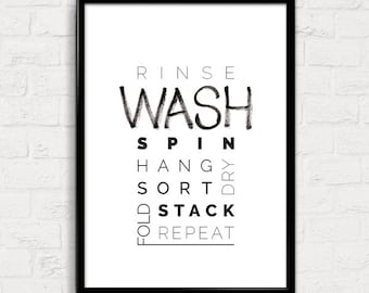 WASH > laundry decor / wash room print / brush lettering typography print / monochrome home decor