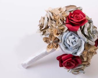 Flores de papel, ramo de origami, ramo de flores rosas de mapa, flores de origami, ramo de novia, flores de kusudama de música, boutonniere,