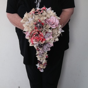 Cascading Paper flower bridal bouquet, book page bouquet, origami flower bridal bouquet, Harry Book page, Wedding flowers,