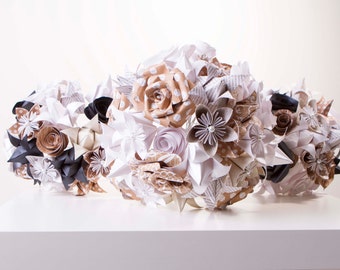 Ramo de flores de papel, Juego de flores de novia, Bouqet de origami, Paquete de origami, Paquete de flores de papel, Flores de boda, bronceado, blanco y negro