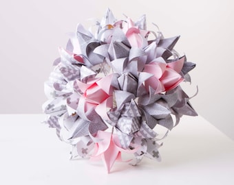 Paper flower bouquet, Pink, grey and white origami tulips, origami bouquet, wedding bouquet, alternative wedding bouquet
