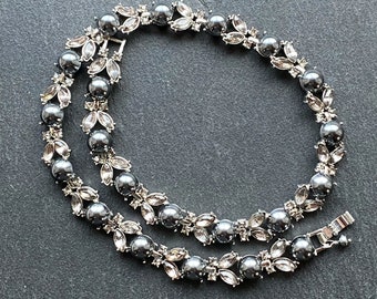 MONET silver tone rhinestone and grey pearl necklace, rhinestone and pearl collar necklace, vintage bridal