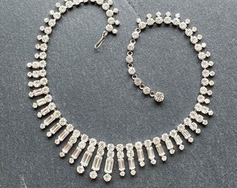 Vintage rhinestone necklace with baguette stones, vintage diamanté necklace, vintage wedding, vintage bride,