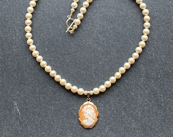 OOAK vintage pearl and cameo necklace, bridal pearls, pearl necklace, vintage bridal, rolled gold cameo and pearl, bridal jewellery,