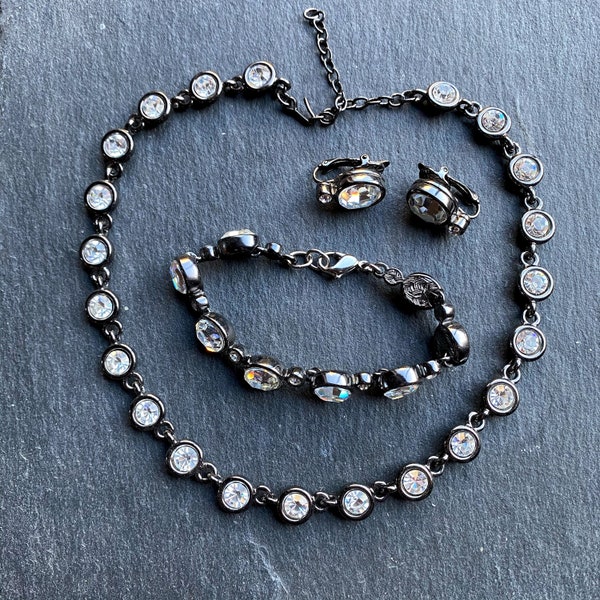 CIRO Gunmetal grey and crystal jewellery set, rhinestone jewellery set, newer vintage crystal set, crystal necklace, 1990’s jewellery set