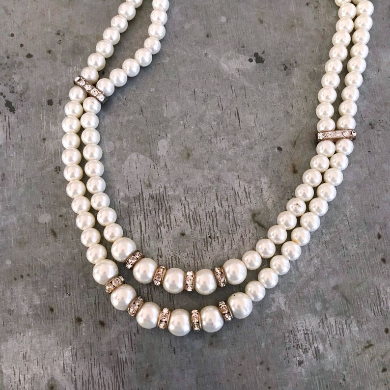 vintage bridal pearls 2 strand pearl necklace ivory pearls string of pearls vintage pearl necklace Vintage pearls with rhinestone beads