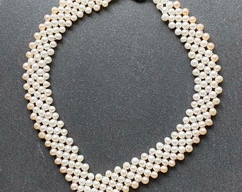 Vintage real pearl woven beaded collar necklace, pearl choker, vintage bridal necklace,