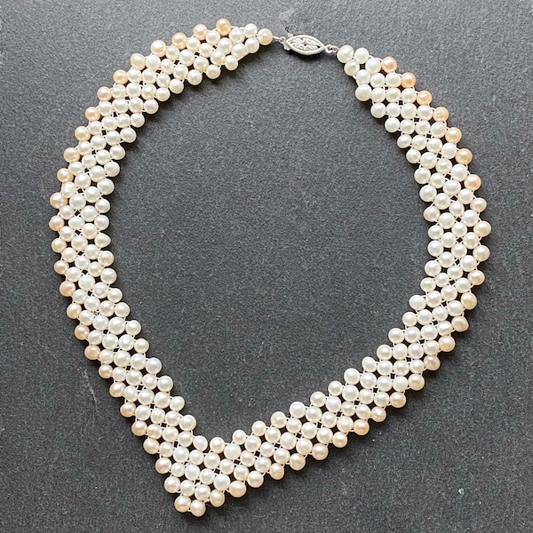 Vintage real pearl woven beaded collar necklace, pearl choker, vintage bridal necklace,