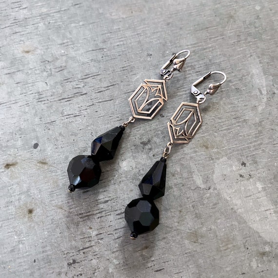 OOAK earrings, vintage inspired earrings, art deco style earrings, up-cycled earrings, re-purposed earrings, silver, black, black jet