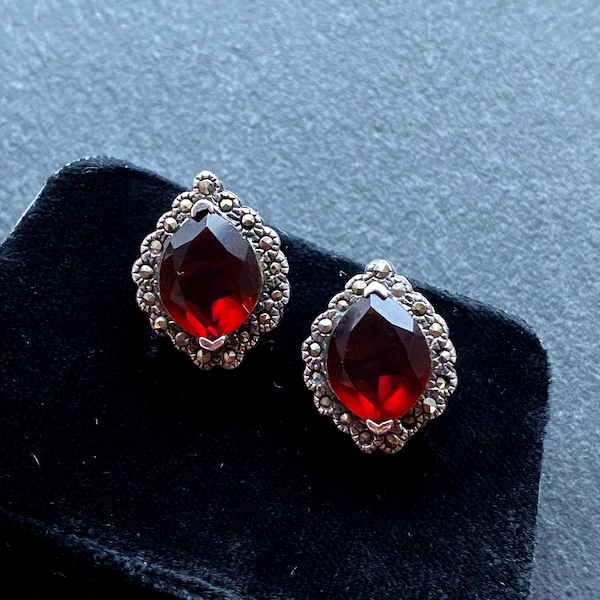 Sterling silver marcasite and garnet red earrings, marcasite earrings, vintage silver earrings, bridal earrings, ruby red