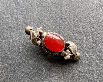 Tiny SILVER and possibly carnelian brooch, floral brooch, orange red brooch, vintage silver pin