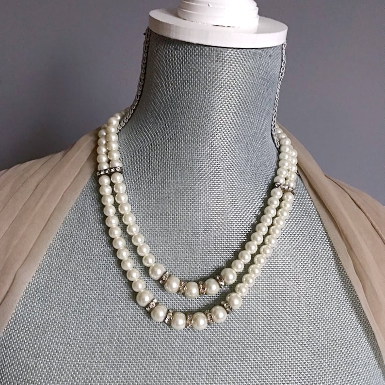 vintage bridal pearls 2 strand pearl necklace ivory pearls string of pearls vintage pearl necklace Vintage pearls with rhinestone beads
