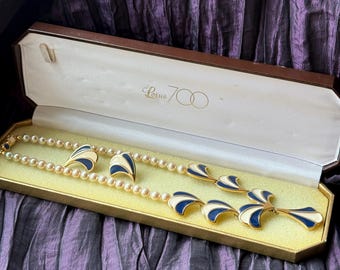LOTUS pearl necklace and earrings with Art Deco decoration, pearl collar necklace, bridal pearls, Art Deco pearl set, blue and beige