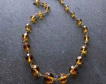 Vintage orange yellow glass necklace on rolled gold links, vintage glass bead necklace, vintage glass necklace, topaz glass necklace,