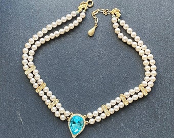 ROSITA pearl choker necklace with aquamarine blue rhinestone, vintage faux pearl collar necklace, vintage bridal,