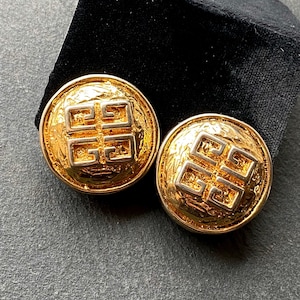 Vintage 1980&#39;s Parfums Givenchy France 4 G logo gold clip on earrings, designer earrings