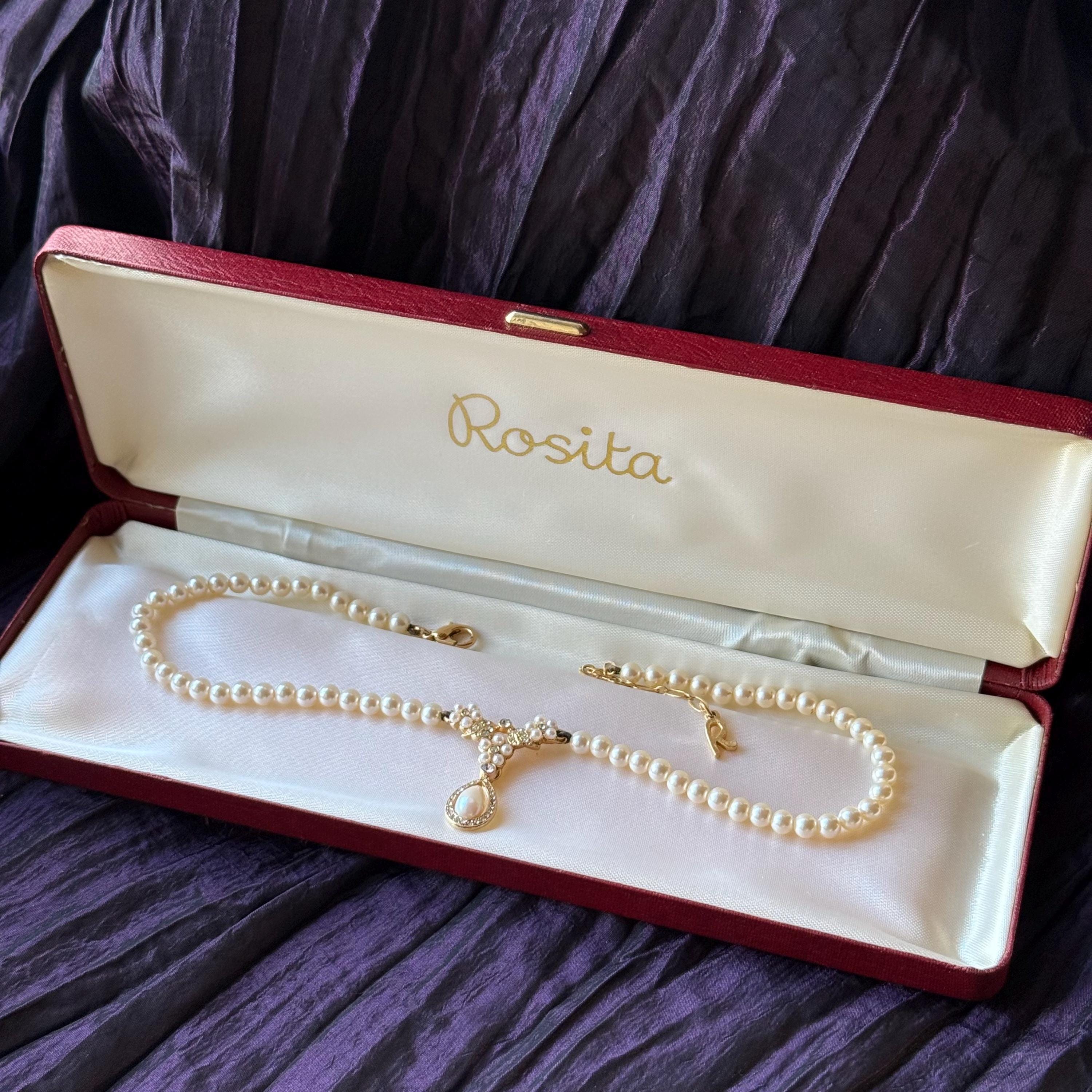ROSITA vintage pearl collar necklace with box, pearl necklace with  rhinestone drop pendant, vintage bridal,