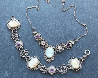 Vintage filigree cameo necklace and bracelet with purple stones,  cameo jewellery, bridal jewellery, filigree cameo, real shell cameo,