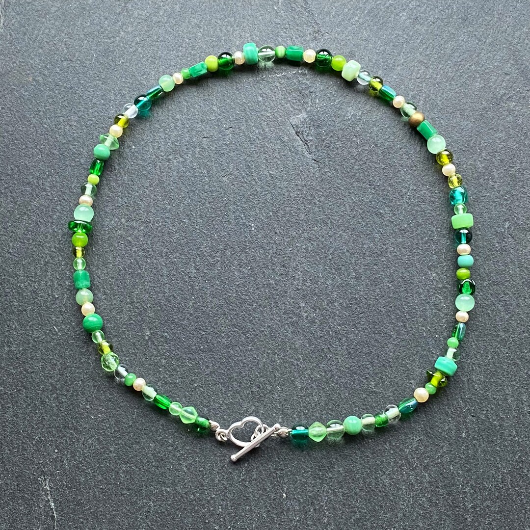 OOAK Vintage Green Glass Necklace, Glass Beads Boho Necklace With