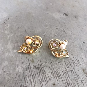 Jewelcraft earrings, vintage clip on earrings, rhinestone earrings, aurora borelis, vintage earrings, gold flower earrings, flower earrings image 2