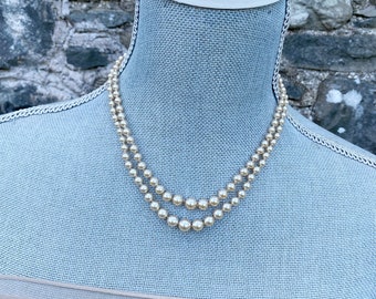 LOTUS Royale faux pearl necklace with gold plated silver clasp in box, 2 strand hand knotted pearl necklace, vintage bride,