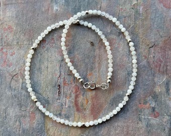 Genuine moonstone gemstone beads necklace with sterling silver beads and clasp, white gemstone necklace