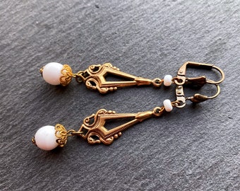 Hand made earrings, vintage inspired earrings, art deco style earrings, vintage jewellery, re-purposed earrings, white and gold