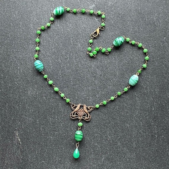 Re-purposed necklace, handmade  necklace, up-cycled vintage necklace, green glass beads, antique bronze, green, art nouveau, love birds