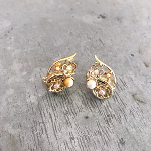 Jewelcraft earrings, vintage clip on earrings, rhinestone earrings, aurora borelis, vintage earrings, gold flower earrings, flower earrings image 1