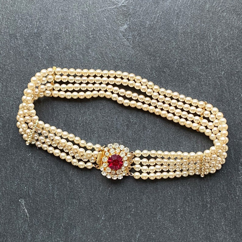 vintage pearl choker bridal pearls vintage choker ruby red pendant Vintage pearl choker with red front pendant vintage bridal pearls