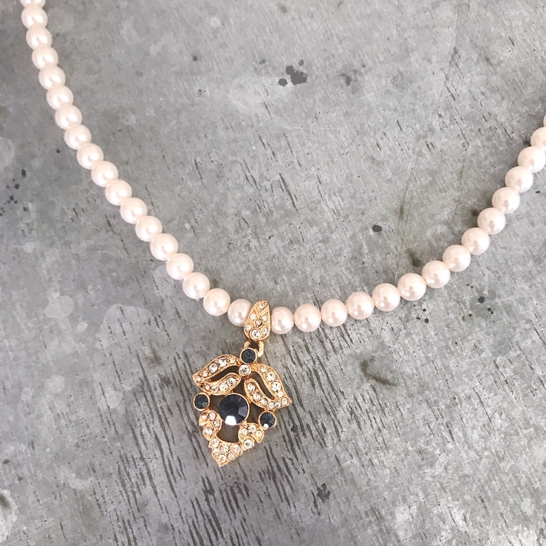 Rosita vintage pearl necklace rhinestone pendant bridal | Etsy