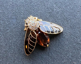 Rare ATTWOOD and SAWYER bee bug brooch with brown topaz and enamel, 22 ct gold plated crystal brooch, vintage bridal, A&S