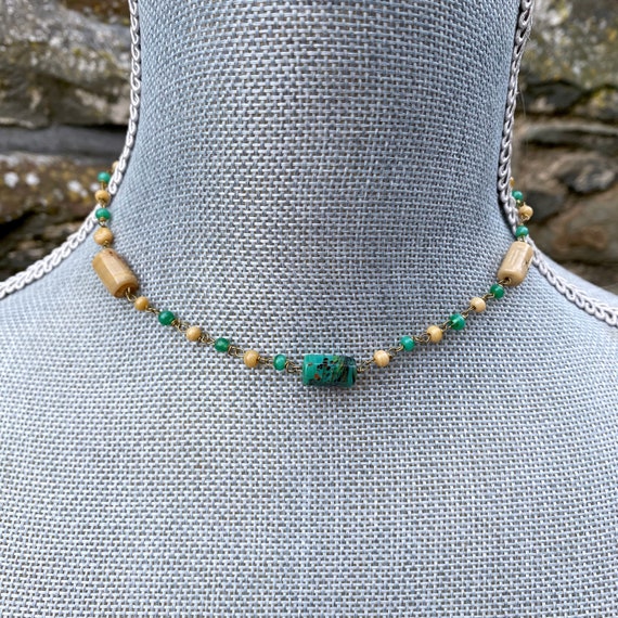 Vintage glass bead necklace on hand wired links, vintage yellow and green glass bead choker, beige, green, spatter beads, end of day beads
