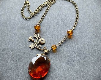 Collier recyclé, collier fait main, collier vintage recyclé, perles de verre orange/marron, perles de verre topaze, topaze, collier en verre