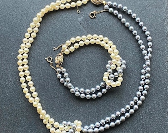 MAJORICA pearls cream and grey necklace and bracelet set with 925 clasps, 2 strand pearls, vintage bridal, available together or seperate
