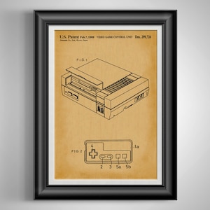 Vintage NES Nintendo Entertainment System Blueprint: Retro Gaming Wall Art Poster for Video Game Player Gift for Gamer Artwork
