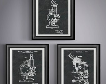 Microscope Patent Print Set, Vintage Science Decor, Biology Teacher Crime Lab Tech Gift Art