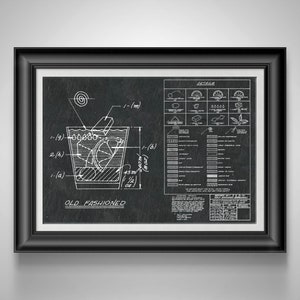 May include: Black and white blueprint style illustration of an Old Fashioned cocktail recipe. The illustration includes a diagram of a glass with ice and a garnish, along with measurements and details for the drink.