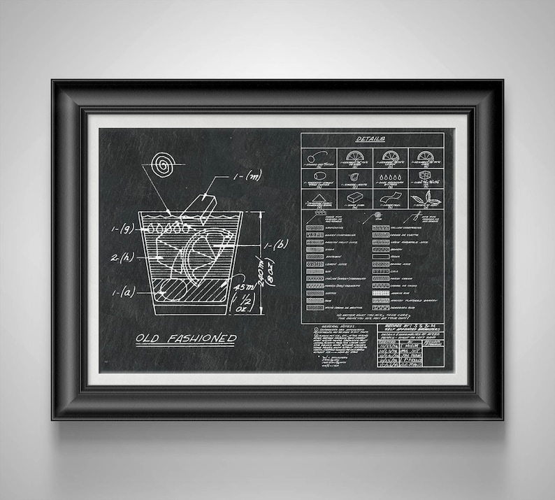 May include: Black and white blueprint style illustration of an Old Fashioned cocktail recipe. The illustration includes a diagram of a glass with ice and a garnish, along with measurements and details for the drink.