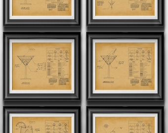 Cocktail Blueprint Print Set, Vintage Bar Wall Art, Mixologist Gift, Home Bar Speakeasy Decor Poster