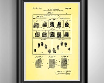 May include: A framed patent print on pale yellow paper featuring the 1926 W.C.S. Crosskey Single Fingerprint Identification System. The document displays technical diagrams, fingerprint impressions, and text including Nov. 23, 1926, and 1,607,946.